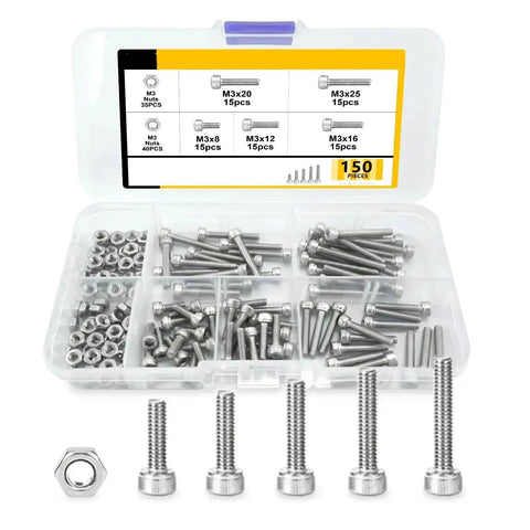 150 Piece M3 Hex Bolts And Nuts Set In 304 Stainless Steel With Handy Storage Box For Diy Repairs And Home Projects Versatile Fasteners For Maintenance Woodworking Automotive And Electronics, organized M3 screws and nuts in case