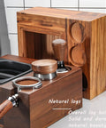 Sleek Wooden Espresso Tamper Station With Integrated Knock Box Fits 58 mm Portafilters, showcasing natural wood finish and design.
