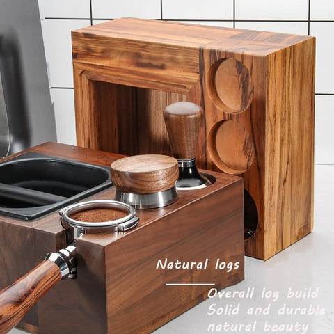 Level Up Your Home Bar Setup With This Sturdy Wood Espresso Tamper Holder And Knock Box For 58mm Portafilters, showcasing natural wood design.