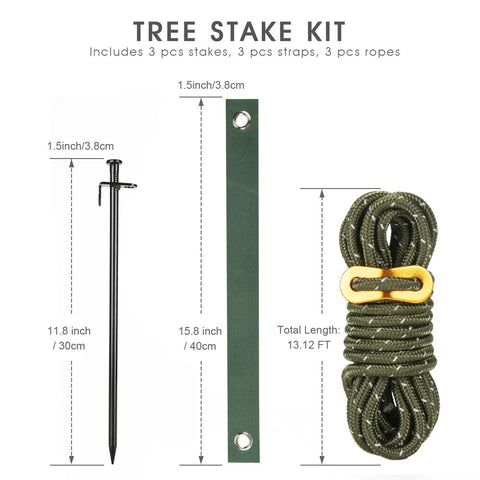 Tree Stake Kit With 3 Steel Stakes 11.8 Inches 15.75 Inch Straps And 13.12 Foot Ropes Anti Wind Anchor components shown