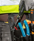 Worker's tool belt with various tools including six in one tapping tool for quick thread repair and re threading, reforms burred threads
