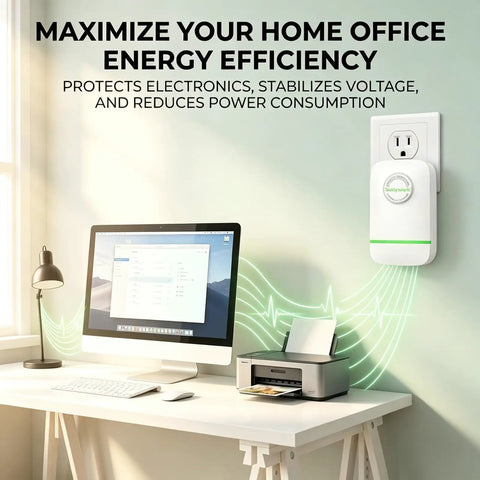 Power Pro Genius 2 Pack Household Voltage Stabilizer Box With Power Factor Optimization Tech installed in a home office.