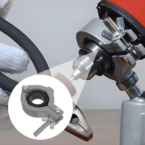 Detail of Badass Aluminum Alloy Bench Clamp Vise used in a woodworking setup, highlighting the precision drilling feature.