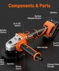 Labeled components of Powerful 20V Brushless Cordless Angle Grinder With Four And A Half Inch Disc 8000 RPM
