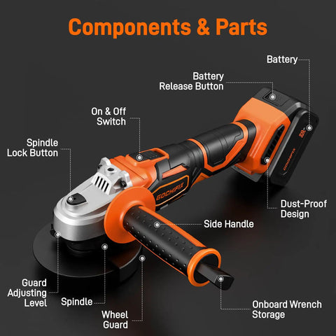 Labeled components of Powerful 20V Brushless Cordless Angle Grinder With Four And A Half Inch Disc 8000 RPM