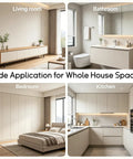 Living room, bathroom, bedroom, and kitchen showcasing 52 Pack Magnetic Push Latches for Cabinets and Drawers, 2.83 Inch Gray Push to Open Hardware.