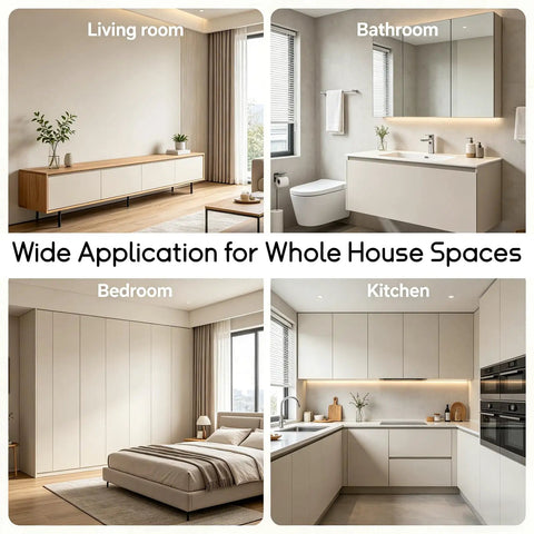 Living room, bathroom, bedroom, and kitchen showcasing 52 Pack Magnetic Push Latches for Cabinets and Drawers, 2.83 Inch Gray Push to Open Hardware.