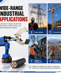 Cordless Hydraulic Cable Cutter With LED Display Heavy Duty Electric Wire Cutting Tool 18V 4.0Ah Battery Powered 150KN To 250KN Cutting Power For Copper Aluminum And Armored Cables Cuts Up To 85 To 120 Mm, shown with cable and field use scenes