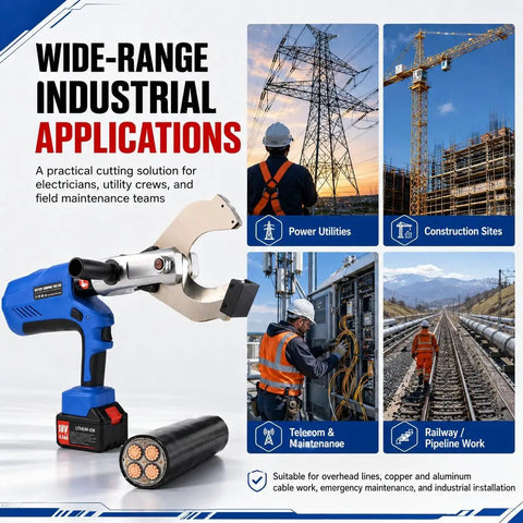 Cordless Hydraulic Cable Cutter With LED Display Heavy Duty Electric Wire Cutting Tool 18V 4.0Ah Battery Powered 150KN To 250KN Cutting Power For Copper Aluminum And Armored Cables Cuts Up To 85 To 120 Mm, shown with cable and field use scenes