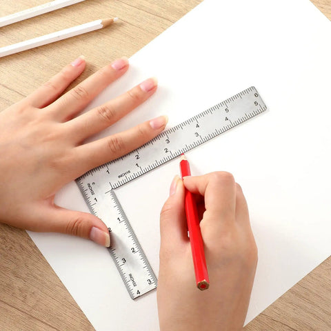 Real Deal Stainless Steel L Square Framing Ruler 4 By 6 Inch 90 Degree Layout Tool in use for marking on paper.