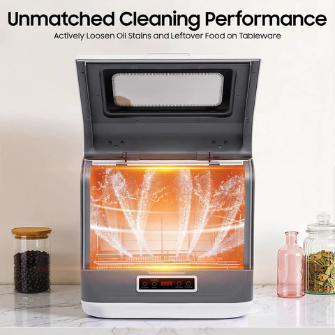Hassle Free Portable Countertop Dishwasher With Durable Stainless Steel Body And High Pressure Spray Nozzles 110V Compact Mini Washer demonstrating powerful cleaning performance.