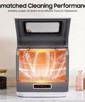 Compact Portable Countertop Dishwasher With Integrated 8 Liter Tank And Three Cleanup Modes showing water spray action for cleaning.