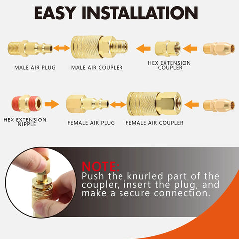 Complete 54 Piece One Quarter Inch NPT Air Hose Fittings Kit With Copper Plated Quick Connects And 360 Degree Swivel Adapters Plugs Male And Female Couplers Straight Fittings Adapters And Tube Cutter For Air Compressors And Auto Repair, installation diagram