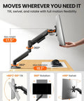 Fully Adjustable Monitor Arm For 13 To 34 Inch Monitors With Tool Free VESA Mount, demonstrating tilt and rotation features.