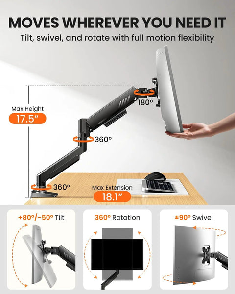 Fully Adjustable Monitor Arm For 13 To 34 Inch Monitors With Tool Free VESA Mount, demonstrating tilt and rotation features.
