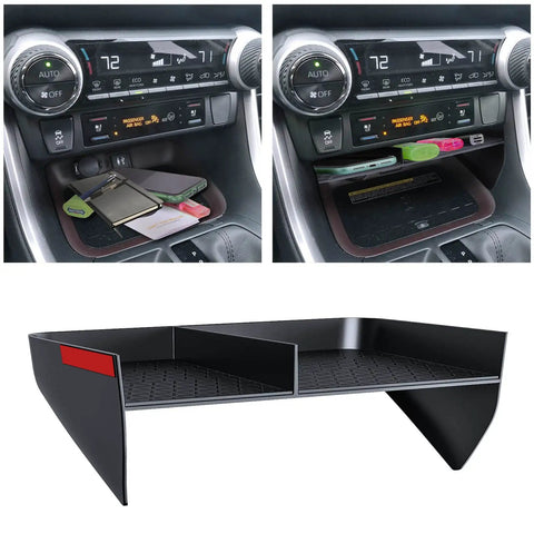 Toyota RAV4 Center Console Organizer Two Pack, Custom Fit Tray And Armrest Storage Divider For 2019 To 2025 Models shown in use with items.