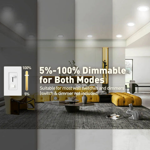 Living room with Six Pack Ultra Thin Canless LED Recessed Downlights 6 Inch Dimmable With Night Light Mode, dimming levels shown