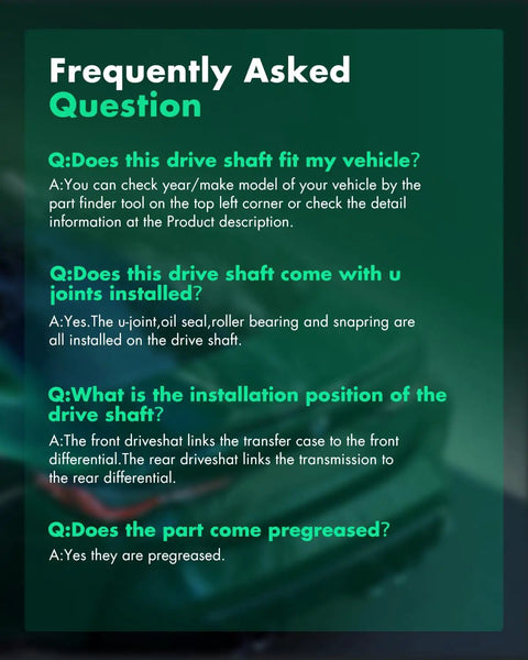 Frequently Asked Question graphic for Front Driveshaft Assembly For Hummer H3 And H3T 2006 To 2010 29.65 To 31.61 Inch Prop Shaft Upgrade Heavy Duty Drive Shaft For 3.5L 3.7L 5.3L V8 Off Road Ready