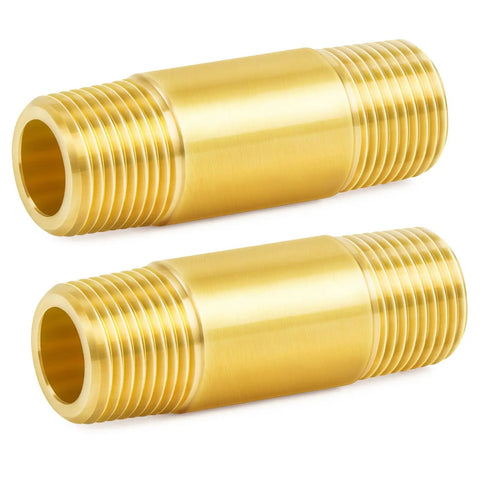 Two brass 3/4" NPT male-to-male nipples, 2" length, Beefy Brass Long Nipple Pipe Fitting Three Quarters NPT Male And Three Quarters NPT Male Two Inch Length Two Pack Heavy Duty Plumbing Connector Corrosion Resistant Easy Install