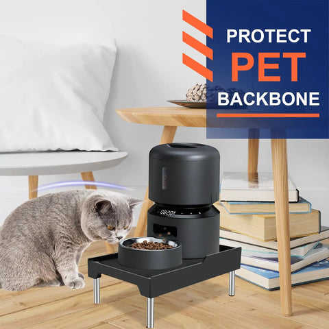 Hella Sturdy Raised Dog Feeder Stand And Elevated Cat Food Holder with adjustable legs and non-slip feet by a cat.