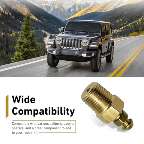 Badass Heavy Duty Brass Bleeder Screws Eight Piece Brake Caliper Kit With 1 8 27 And 1 4 28 Threads Road Ready copper bleeder screw next to a Jeep on a mountain road.