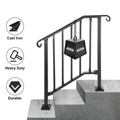 Outdoor Steps Handrail For 1 To 3 Steps With Installation Kit, durable iron stair railing on concrete steps, 39 inch long