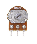 Front view of a Ten Pack Horizontal Single Turn Potentiometer With Switch 100K Ohm B100K 5 Pins, showing the 15mm knurled shaft.