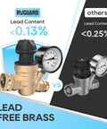 Front view of two RV water pressure regulators with gauges; brass RVGUARD lead-free model and chrome model.
