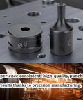 Square Hole Punch Die Set For CH-70 Hydraulic Punching on metal workbench, rugged alloy steel, 10x10mm size for precise holes