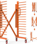 Heavy Duty Expandable Paint Drying Rack For Cabinet Doors With Smooth Casters And Hella Solid Steel Frame For Commercial Millwork And Serious Woodworking Projects Daily in orange, showcasing expandability and wheels.
