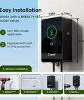 Plug And Play 40 Amp Level Two EV Charger Nema 14 50p 9.6kW J1772 Home Charging Station on a wall with installation instructions.