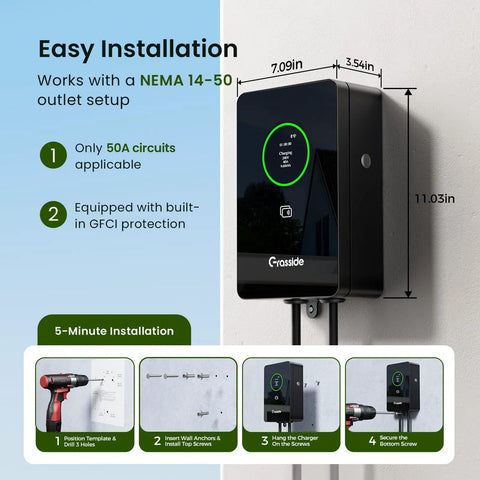 Plug And Play 40 Amp Level Two EV Charger Nema 14 50p 9.6kW J1772 Home Charging Station on a wall with installation instructions.