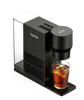 Automatic Cold Brew Coffee Maker Featuring Continuous Drip Extraction, Durable Aluminum Chassis, One Liter Jar, Quick Low Acid Brews For Home And Office, Straight Up Silky Smooth Kick Daily, with glass of iced coffee.