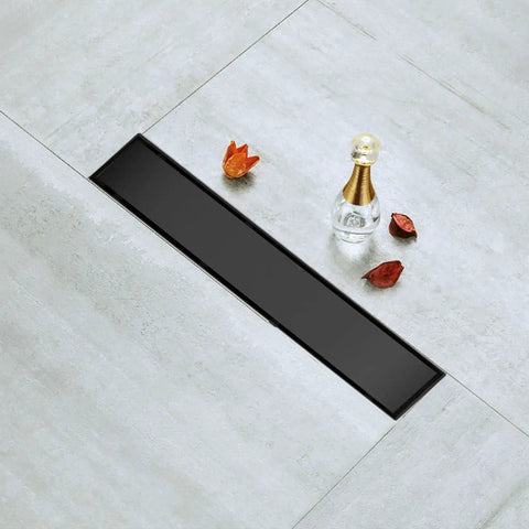 26 Inch Linear Shower Drain With Removable 2 In 1 Cover Tile Insert Grate Rectangle Shower Floor Drain SUS304 Stainless Steel Matte Black Easy Installation Includes Accessories on tiled floor