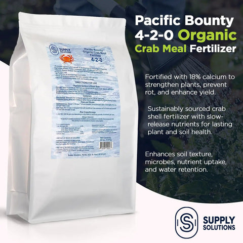 Organic Crab Meal Fertilizer 4 2 0 NPK, Calcium 18 Percent, Natural Soil Amendment For Garden, Lawn, And Flower Beds, Improves Soil Health And Boosts Plant Growth With Slow Release Nutrients, 20 Pound Bag, white bag