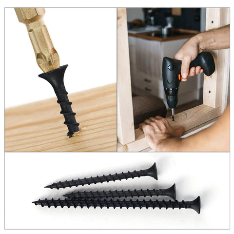 Your New Go To Weekend Warrior Screw Assortment Kit With 170 Phillips Flat Head Black Wood Screws Multi Size For Furniture Assembly And Gotta Get It Done Fixes featuring screws in use and displayed neatly.