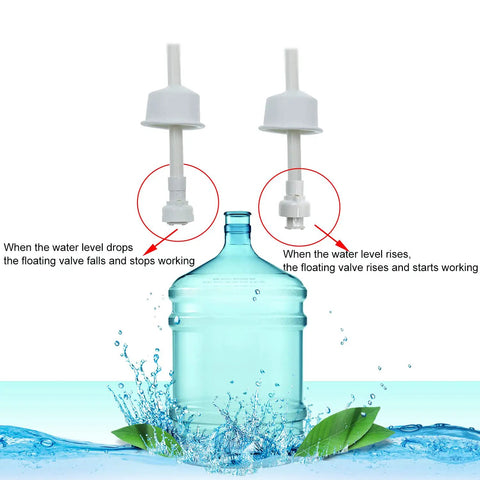 Go-To Bottled Water Dispenser Pump System for On Demand Water showing float valves and water level interaction diagram