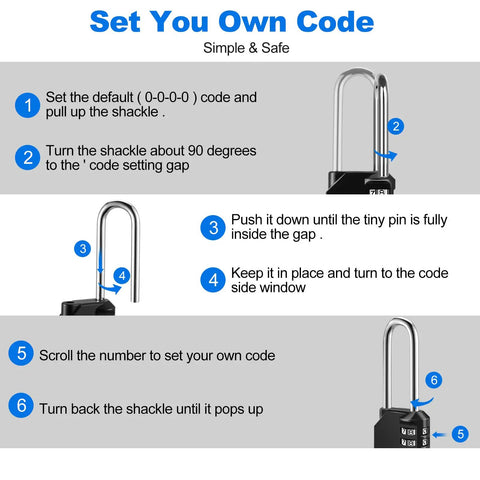 Instructions for setting a code on 4 Digit Combination Padlock For School And Gym Lockers No Key Needed Long Shackle Resettable 10 Pack.