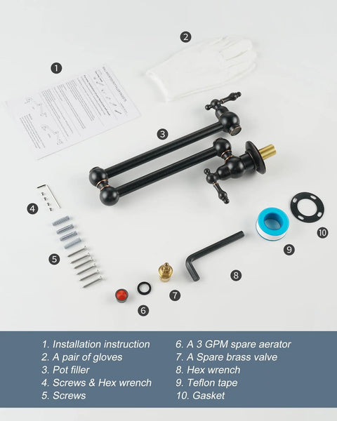 Oil Rubbed Bronze Pot Filler Faucet In Solid Brass, Wall Mounted Pasta Faucet With Double Joint Swing Arm, installation kit shown
