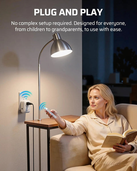 Woman using Wireless Remote Wall Switch And Outlet No Wiring Required Easy Setup for lamp control from sofa, plug-and-play mode.
