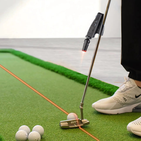 Dual Mode Indoor Golf Putting Trainer With Alignment Line, Red Line Practice Aid on home green with golf balls and putter