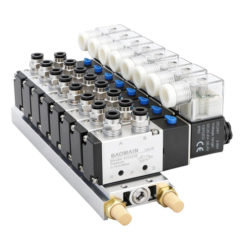 Eight Station 24V DC Pro Grade Solenoid Valve Manifold With Five Way Two Position Pneumatic Air Valve Eight Solenoids Quarter Inch Port Includes Manifold Base And Mufflers Model 4V21008, showing front view with connectors and mufflers visible.