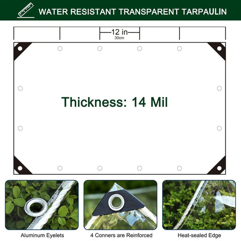 3X6 Ft 14 Mil Heavy Duty Clear Tarp With Zinc Grommets And Heat Sealed Borders, Waterproof Pvc Vinyl Cover for detailed measurements.