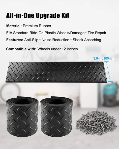 Power Wheels Rubber Tire Upgrade Kit 2 Pack For Kids Electric Ride On Cars shown with rubber tire cover, screws, and size details