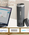 Gray Travel Electric Kettle with 6 Temperature Presets, LCD Display, 304 Stainless Steel, 450ml Capacity, next to a laptop.