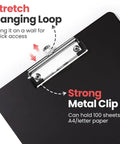Close-up of Two Pack Colorful Clipboard Set With Low Profile Clips For Letter Size Paper 9x12.5 Inches showing metal clip and hanging loop.