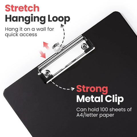 Close-up of Two Pack Colorful Clipboard Set With Low Profile Clips For Letter Size Paper 9x12.5 Inches showing metal clip and hanging loop.