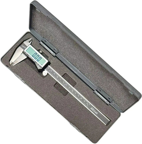 EZCal Digital Caliper 0 To 8 Inches 200 mm With IP54 Splash Water, Oil And Dust Resistant Housing in open case with LCD display
