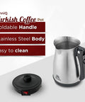 Your Go To Turkish Coffee Pot Stainless Steel 120V 1 To 4 Cup Electric Cezve With Foldable Handle Fast Brew displayed with lid and handle