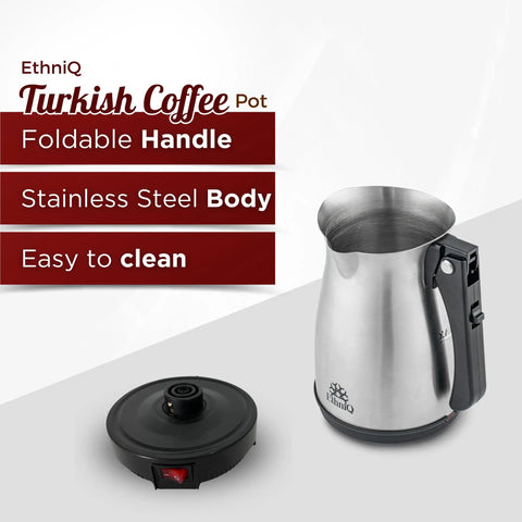 Your Go To Turkish Coffee Pot Stainless Steel 120V 1 To 4 Cup Electric Cezve With Foldable Handle Fast Brew displayed with lid and handle